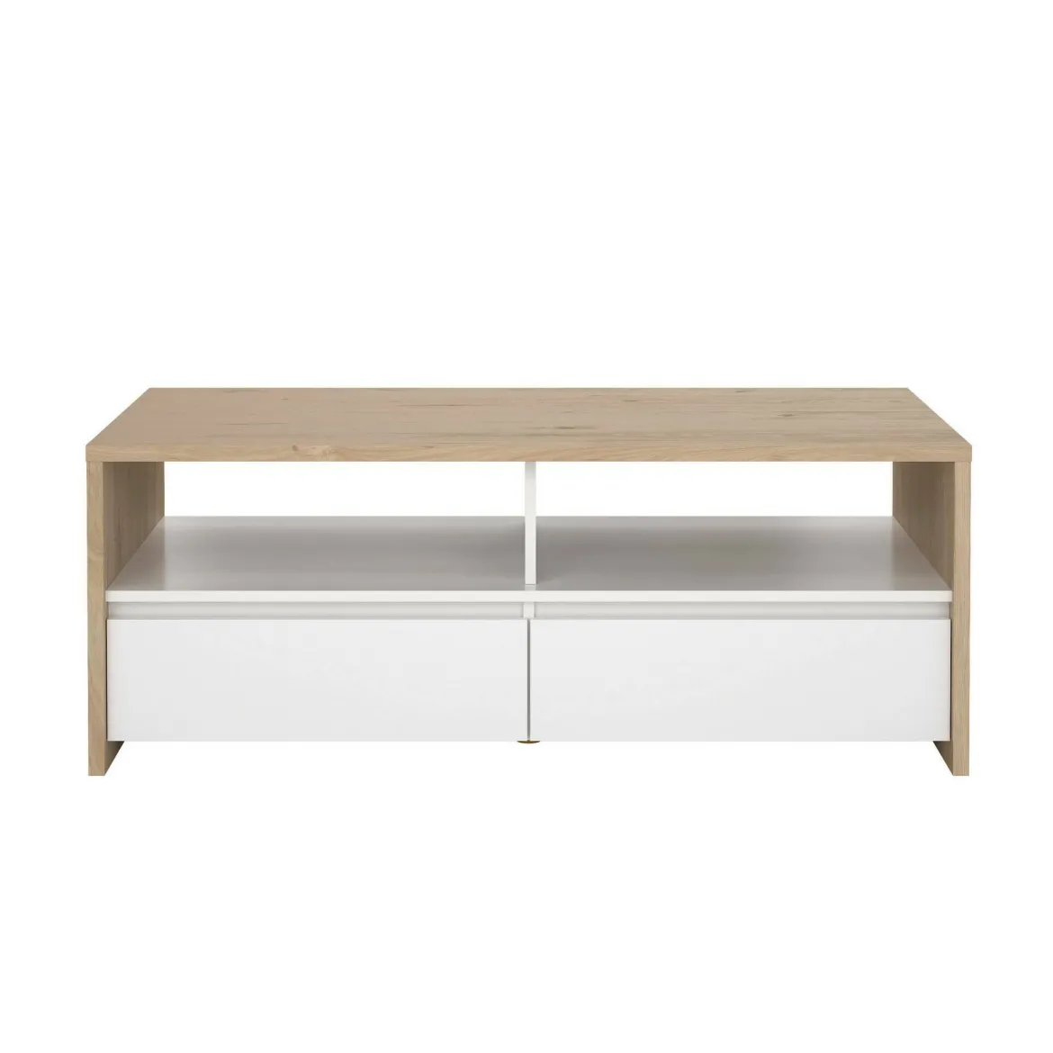 Tavolino salotto rettangolare rovere e bianco lucido 120x60x45h cm con 2 cassetti - Shote