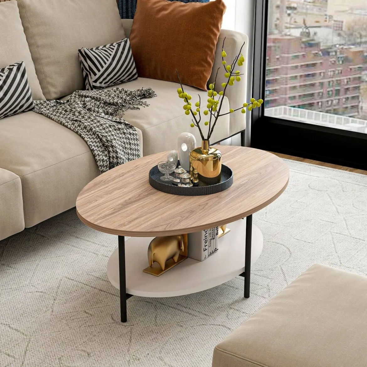 Tavolino soggiorno ovale quercia e bianco 90x60x36h cm - Subiaco
