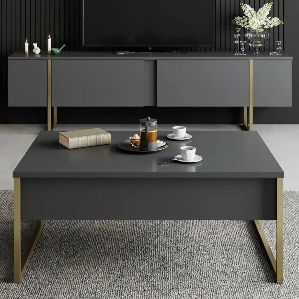Tavolino soggiorno rettangolare antracite e oro 90x60x40h cm - Lavinia