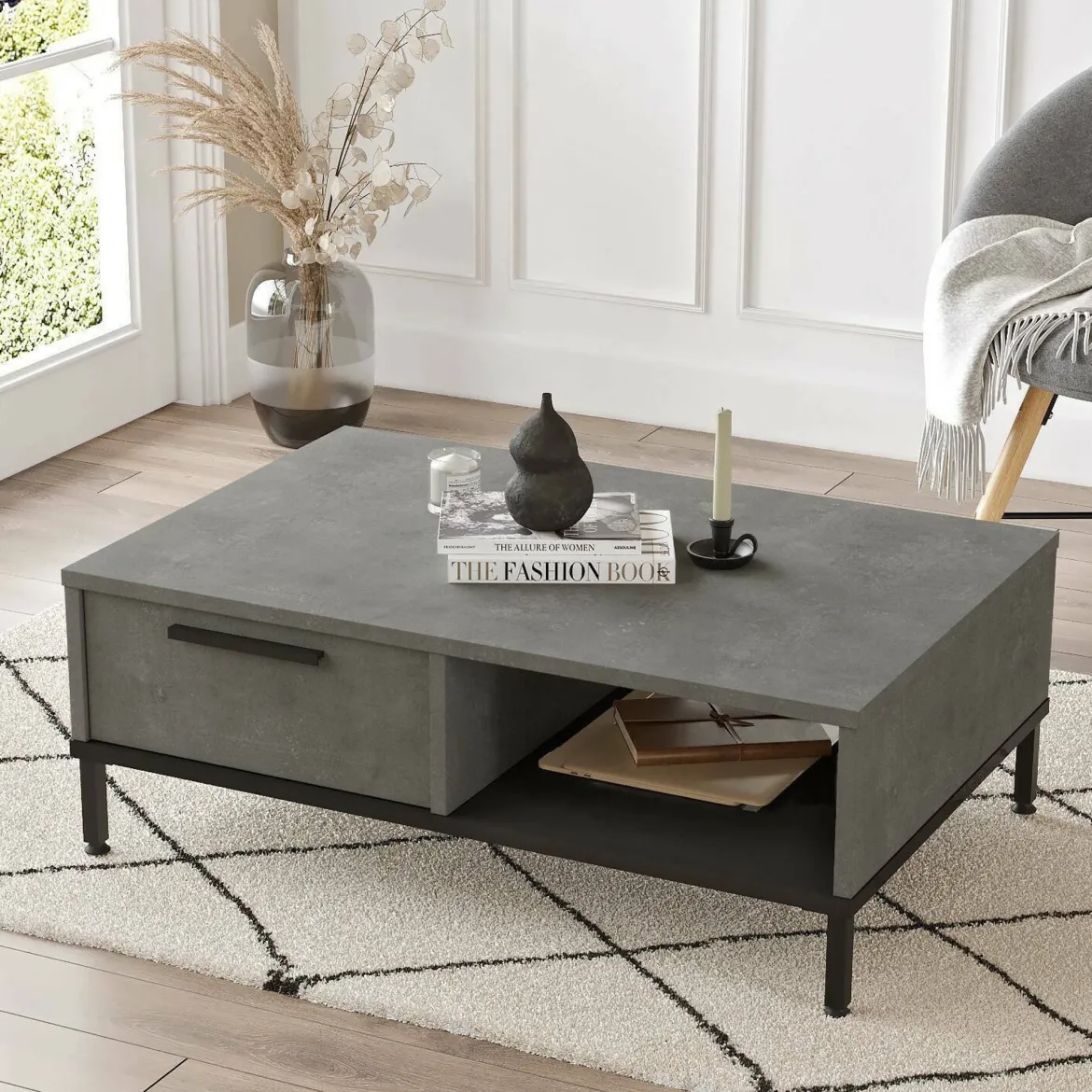 Tavolino soggiorno rettangolare beige e marmo 90x60x35h cm - Feyre
