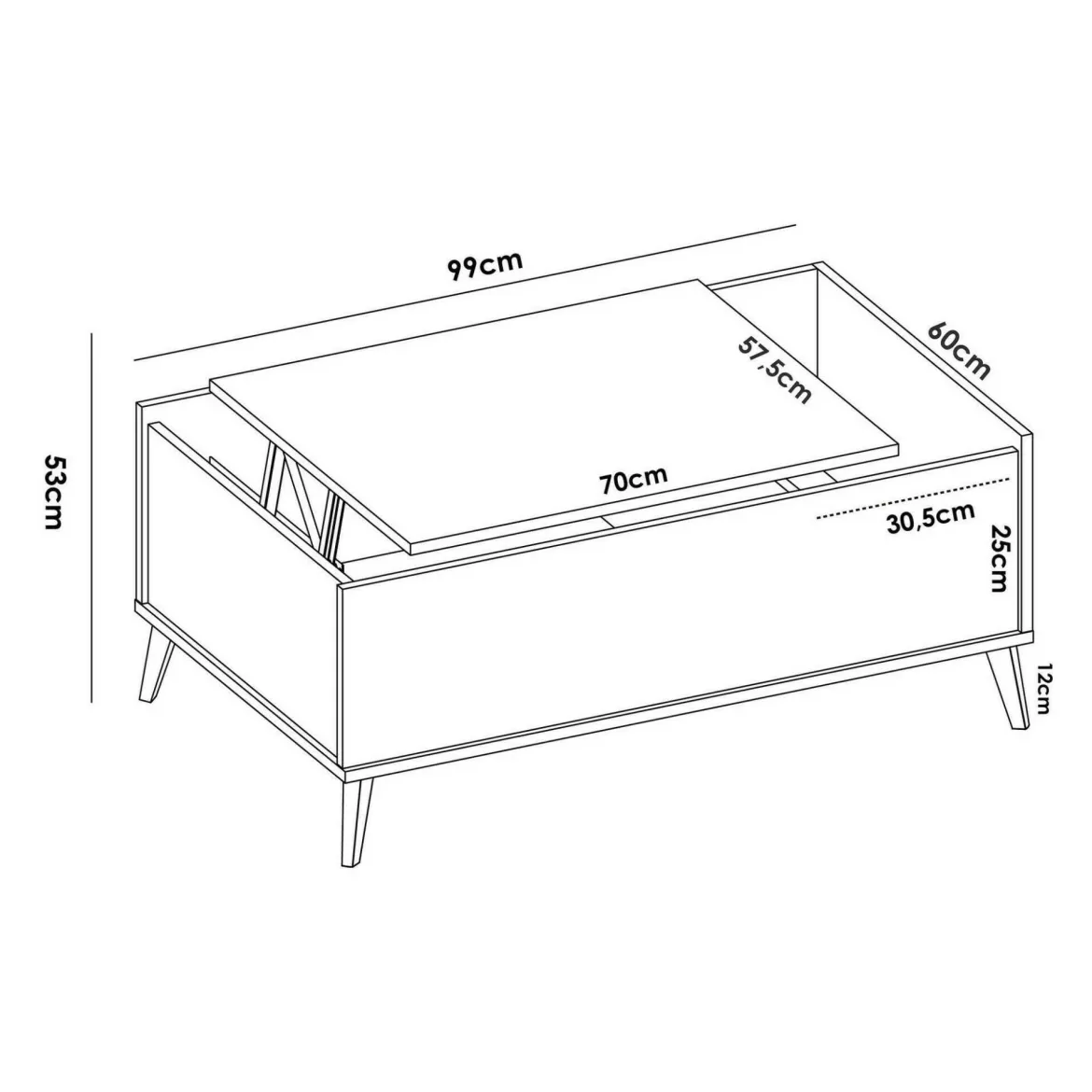 Tavolino soggiorno rettangolare bianco 99x60x41h cm piano elevabile - Alexius