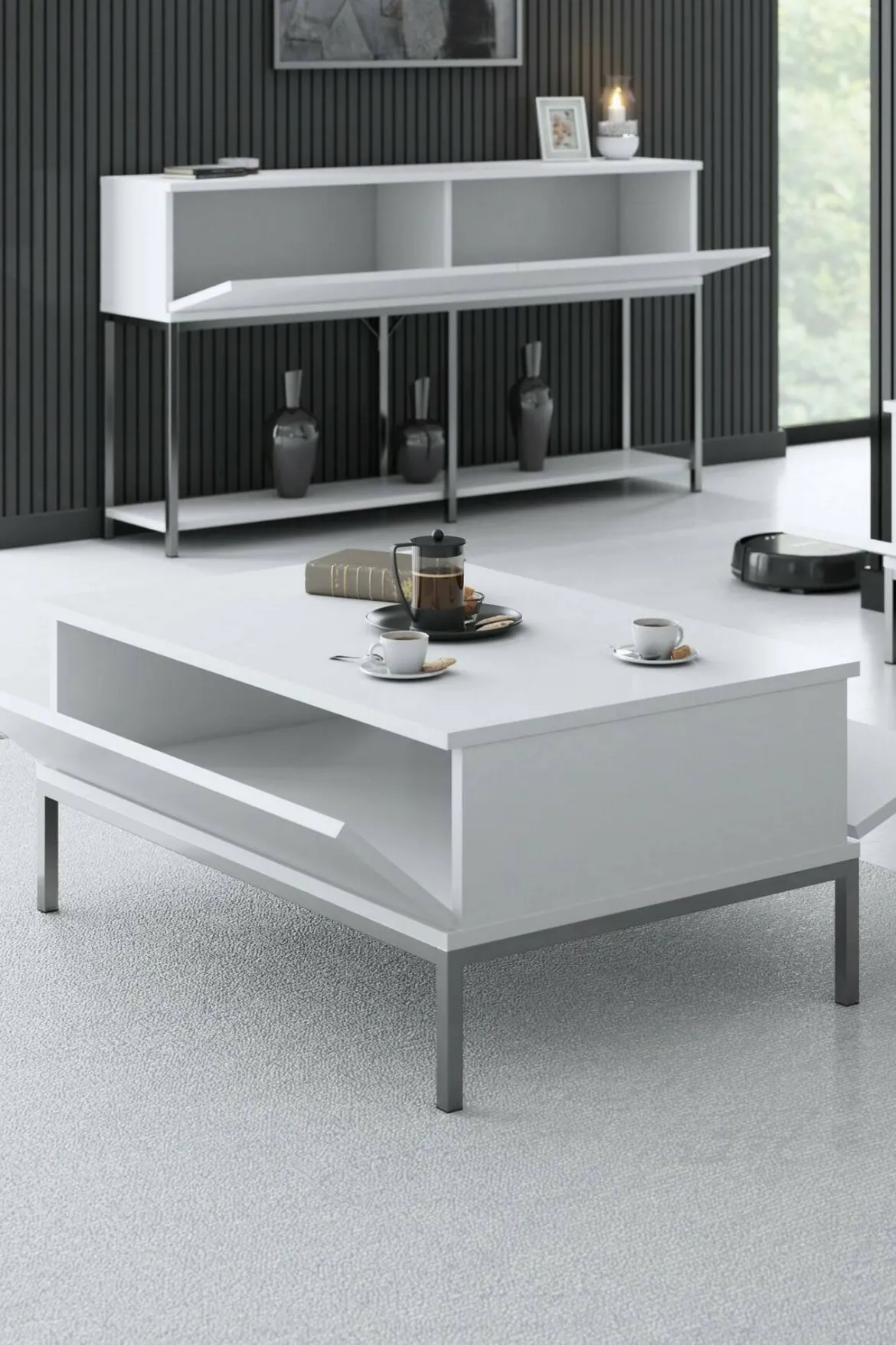 Tavolino soggiorno rettangolare bianco e grigio 120x51x101h cm - Pontebba
