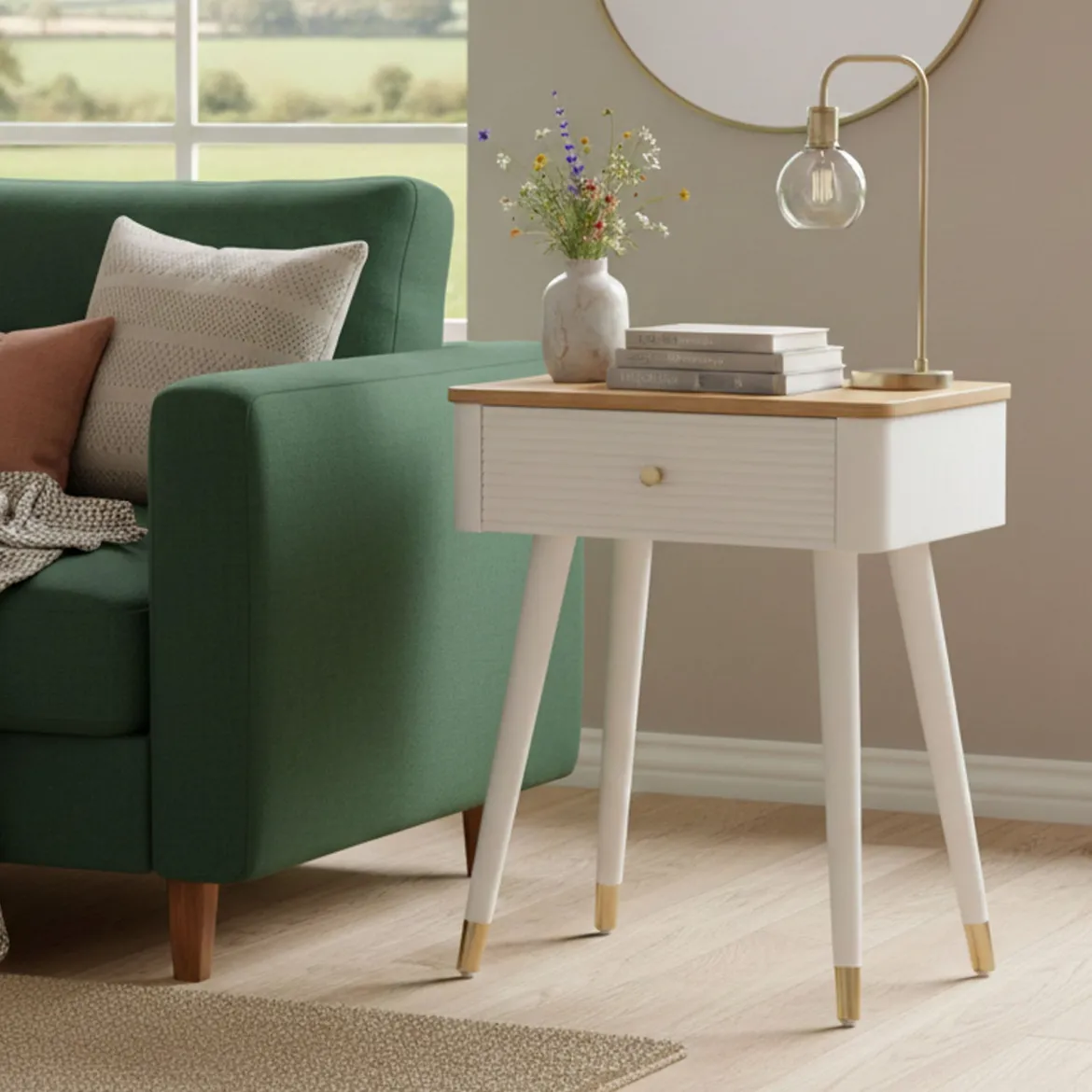 Tavolino soggiorno rettangolare bianco e marrone 45x32x62h cm con 1 cassetto - Fridal