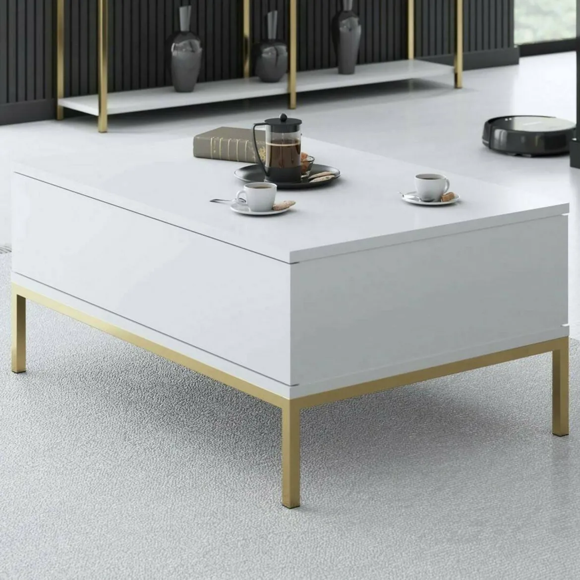 Tavolino soggiorno rettangolare bianco e oro 90x60x40h cm - Vespero
