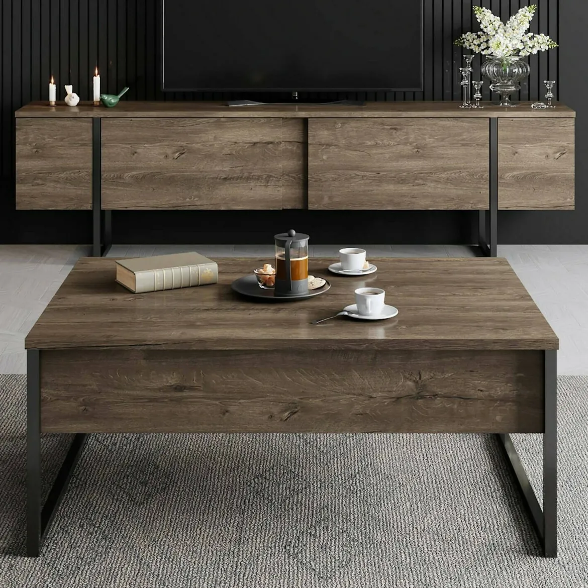 Tavolino soggiorno rettangolare noce e oro 90x60x40h cm - Lavinia