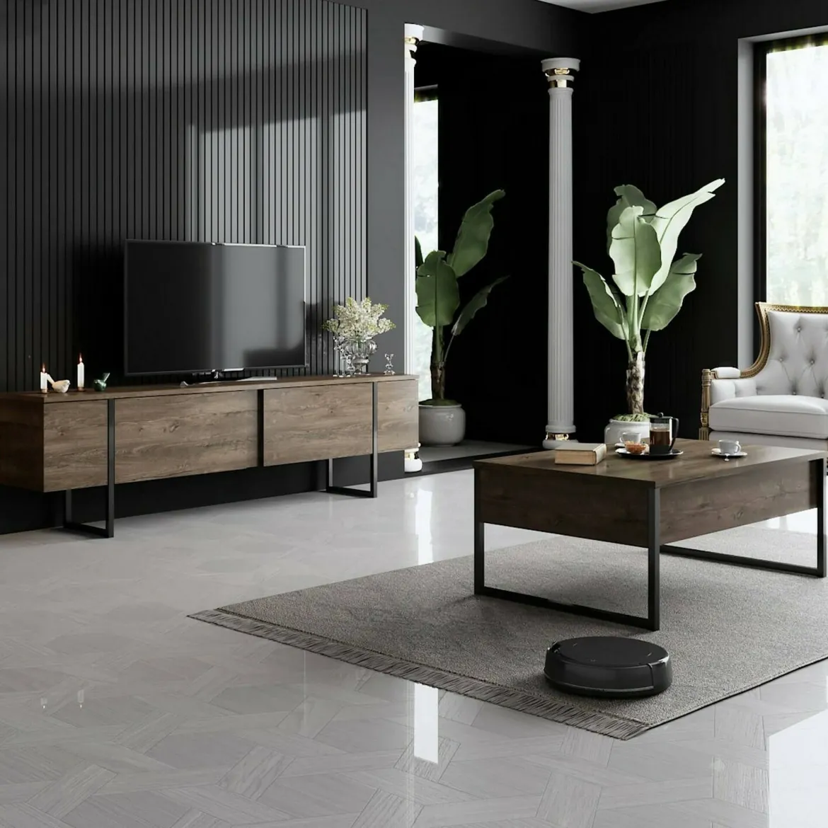 Tavolino soggiorno rettangolare noce e oro 90x60x40h cm - Lavinia