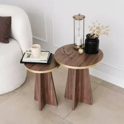 Tavolino soggiorno rotondo oro e noce 60x60x40h cm - Armanda