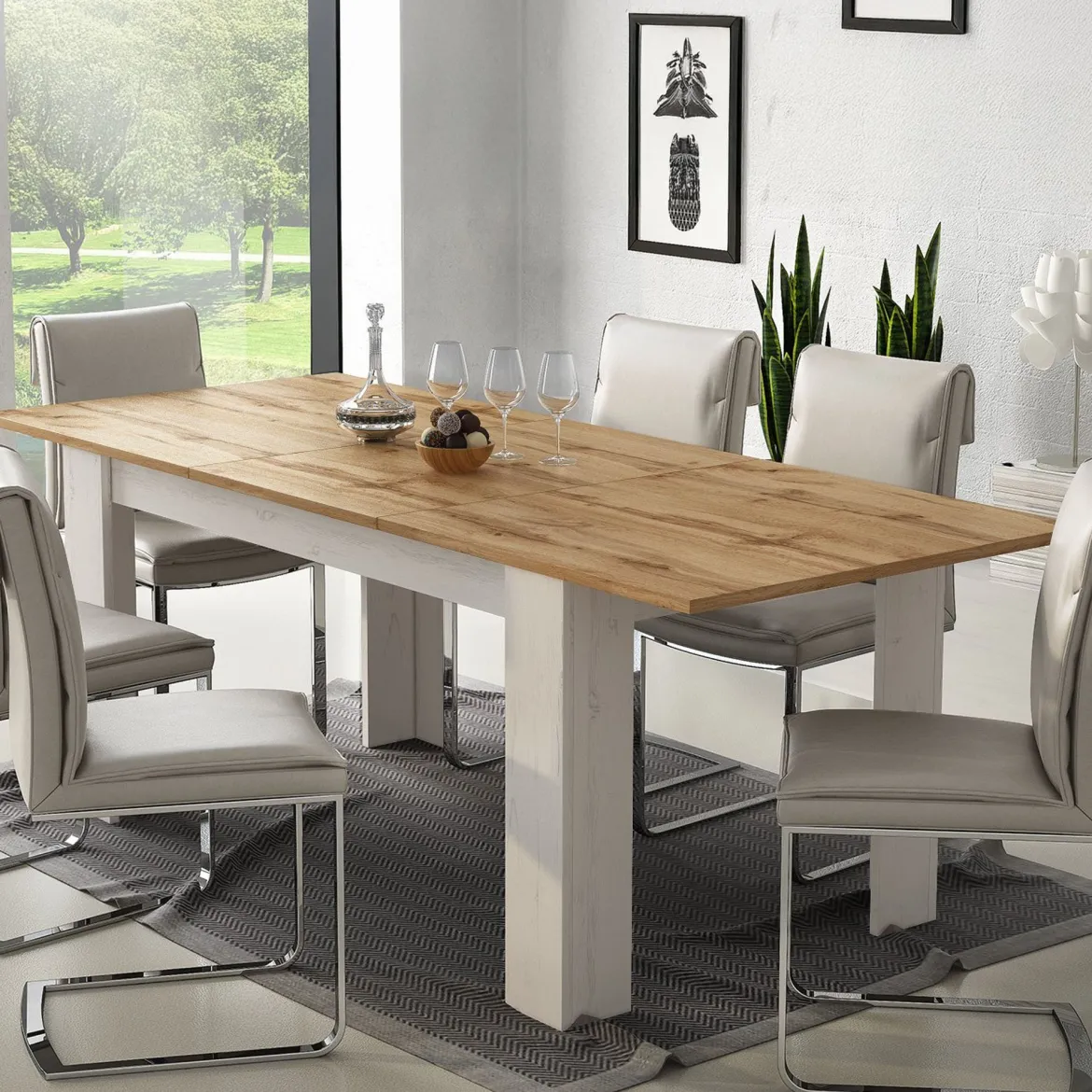 Tavolo Allungabile Bianco Marrone Rovere Allungabile Meccanismo Estensione Allunga Centrale 220x90x75h cm - Campora