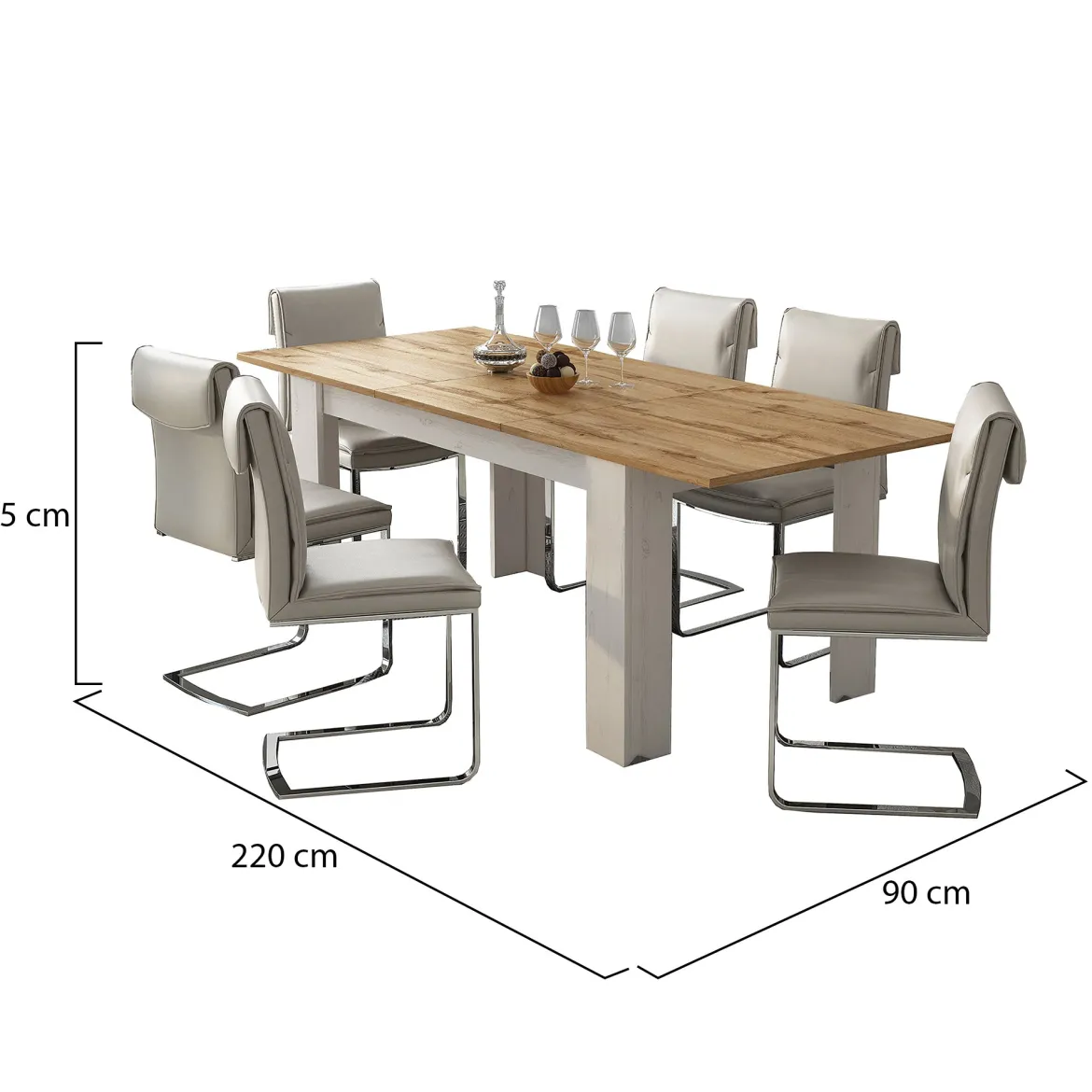 Tavolo Allungabile Bianco Marrone Rovere Allungabile Meccanismo Estensione Allunga Centrale 220x90x75h cm - Campora