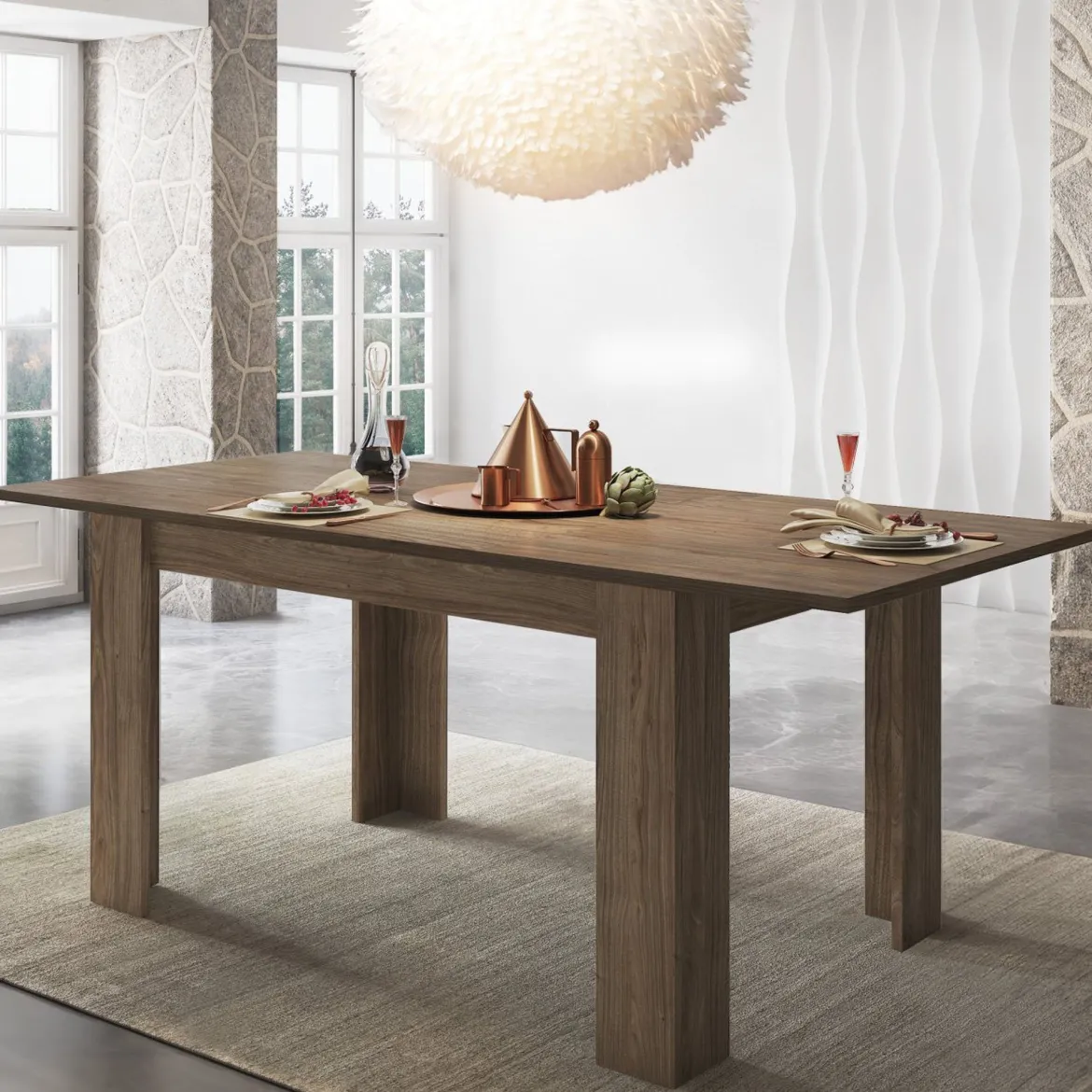 Tavolo Allungabile Marrone Rovere Allungabile Meccanismo Estensione Allunga Centrale 220x90x75h cm, Lunghezza Massima 220 cm - Campora