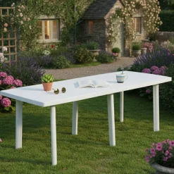 Tavolo da Esterno Bianco 10 Posti Meccanismo Estensione Allunga Centrale 216x90x72h cm, Allungabile Made in Italy - Crossley