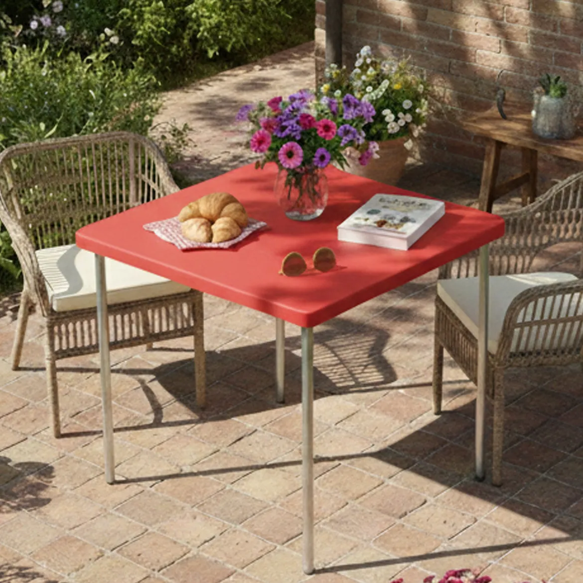 Tavolo da Esterno Rosso 4 Posti Tavolo Tavolo Fisso Quadrato 75x75x72h cm, Lunghezza Massima 75 cm Made in Italy - Brownstown
