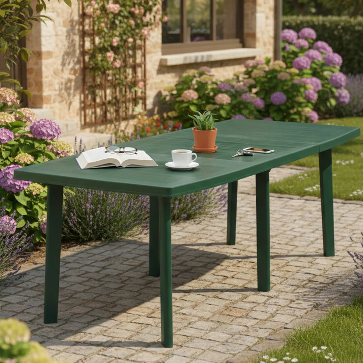 Tavolo da Esterno Verde 10 Posti Meccanismo Estensione Allunga Centrale 216x90x72h cm, Allungabile Made in Italy - Crossley