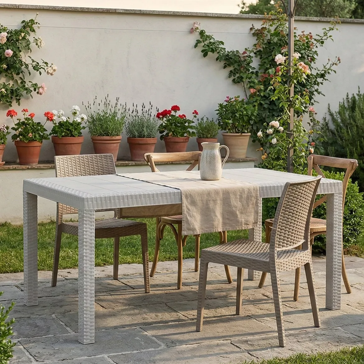 Tavolo da giardino effetto rattan 10 posti 150x90cm bianco - Adila
