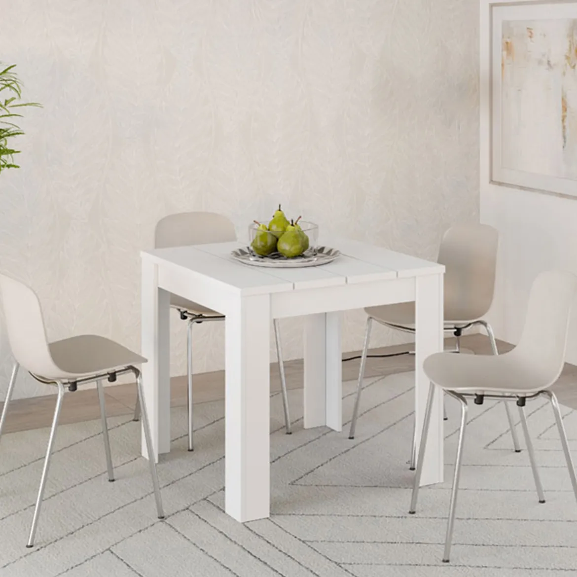 Tavolo Fisso Bianco Opaco 4 Posti Ripiano Effetto Dogato 80x80x76h cm, Forma Quadrato - Trosa