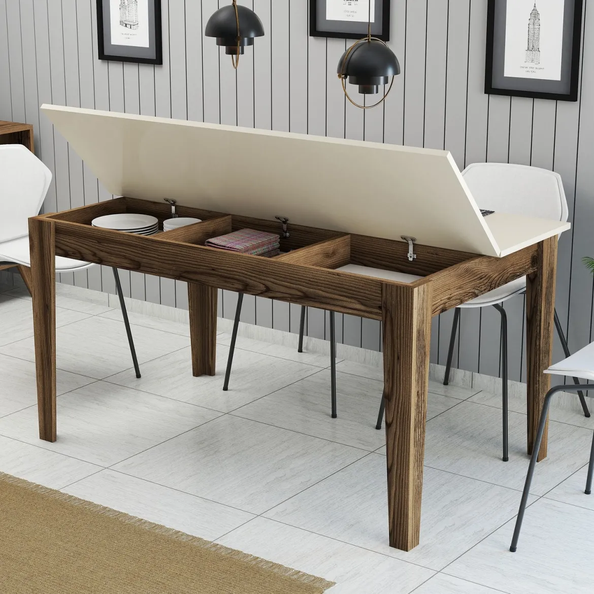 Tavolo Fisso Marrone Noce Bianco Marmo 6 Posti Forma Rettangolare 110x72x75h cm, Peso Supportato 120 kg - Madone