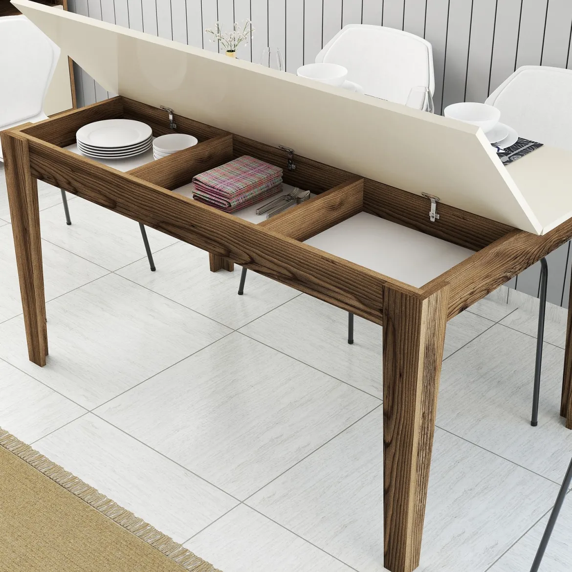 Tavolo Fisso Marrone Noce Bianco Marmo 6 Posti Forma Rettangolare 110x72x75h cm, Peso Supportato 120 kg - Madone