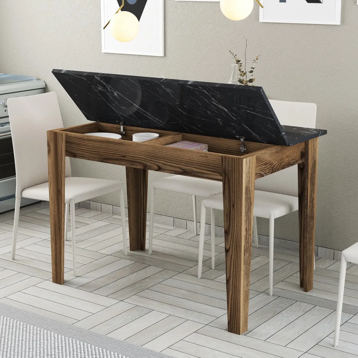 Tavolo Fisso Marrone Noce Nero Marmo 6 Posti Forma Rettangolare 145x88x75h cm, Peso Supportato 120 kg - Viverone