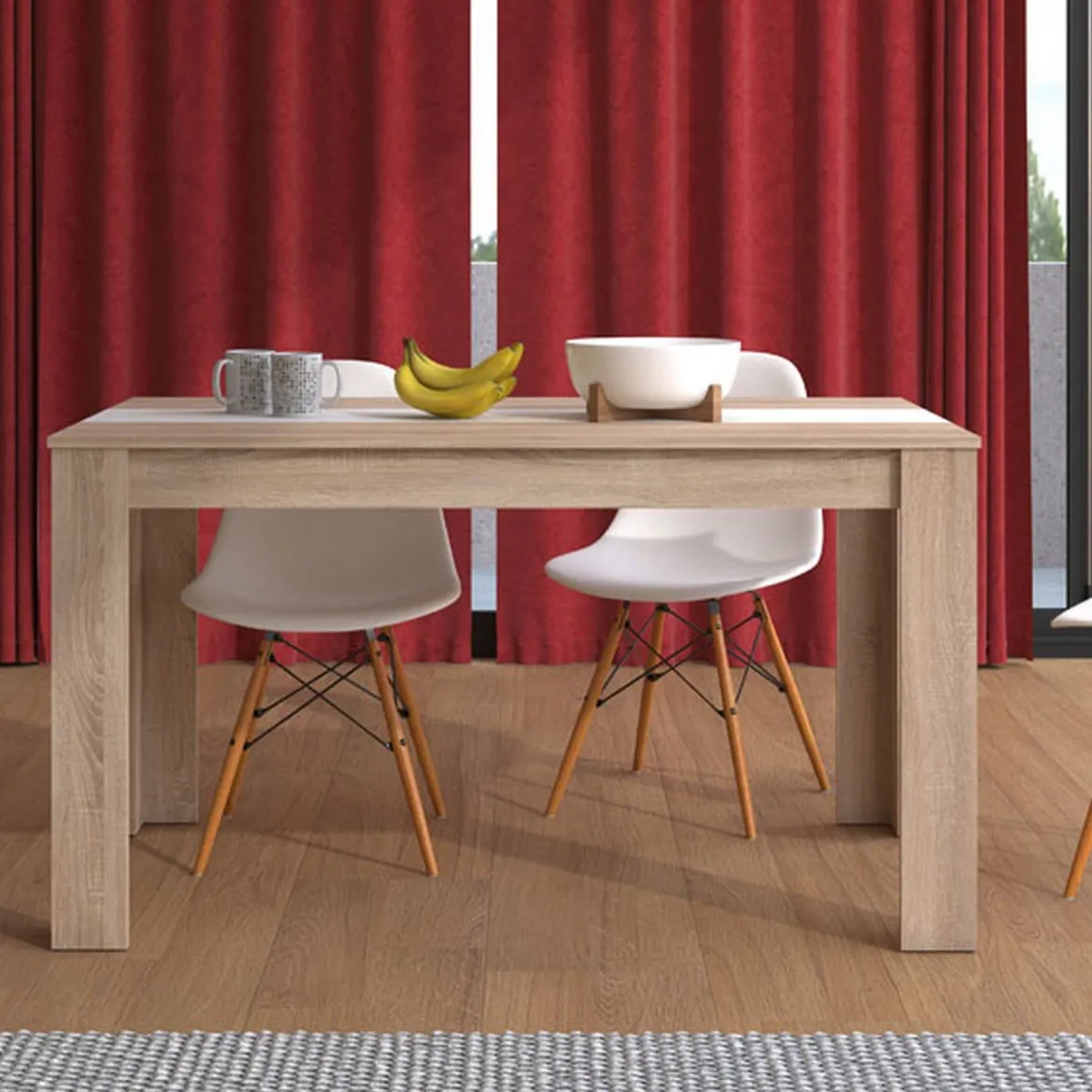 Tavolo Fisso Marrone Rovere Bianco 6 Posti Forma Rettangolare 135x80.5x74.5h cm, Colore Struttura Bianco - Simala
