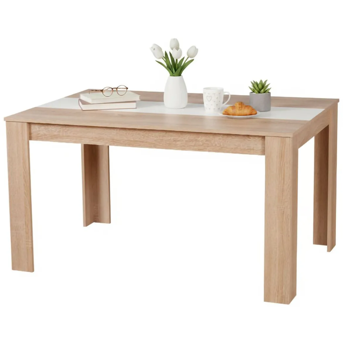 Tavolo Fisso Marrone Rovere Bianco 6 Posti Forma Rettangolare 135x80.5x74.5h cm, Colore Struttura Bianco - Simala