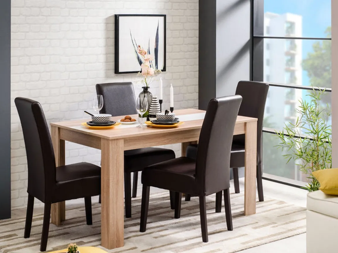 Tavolo Fisso Marrone Rovere Bianco 6 Posti Forma Rettangolare 135x80.5x74.5h cm, Colore Struttura Bianco - Simala