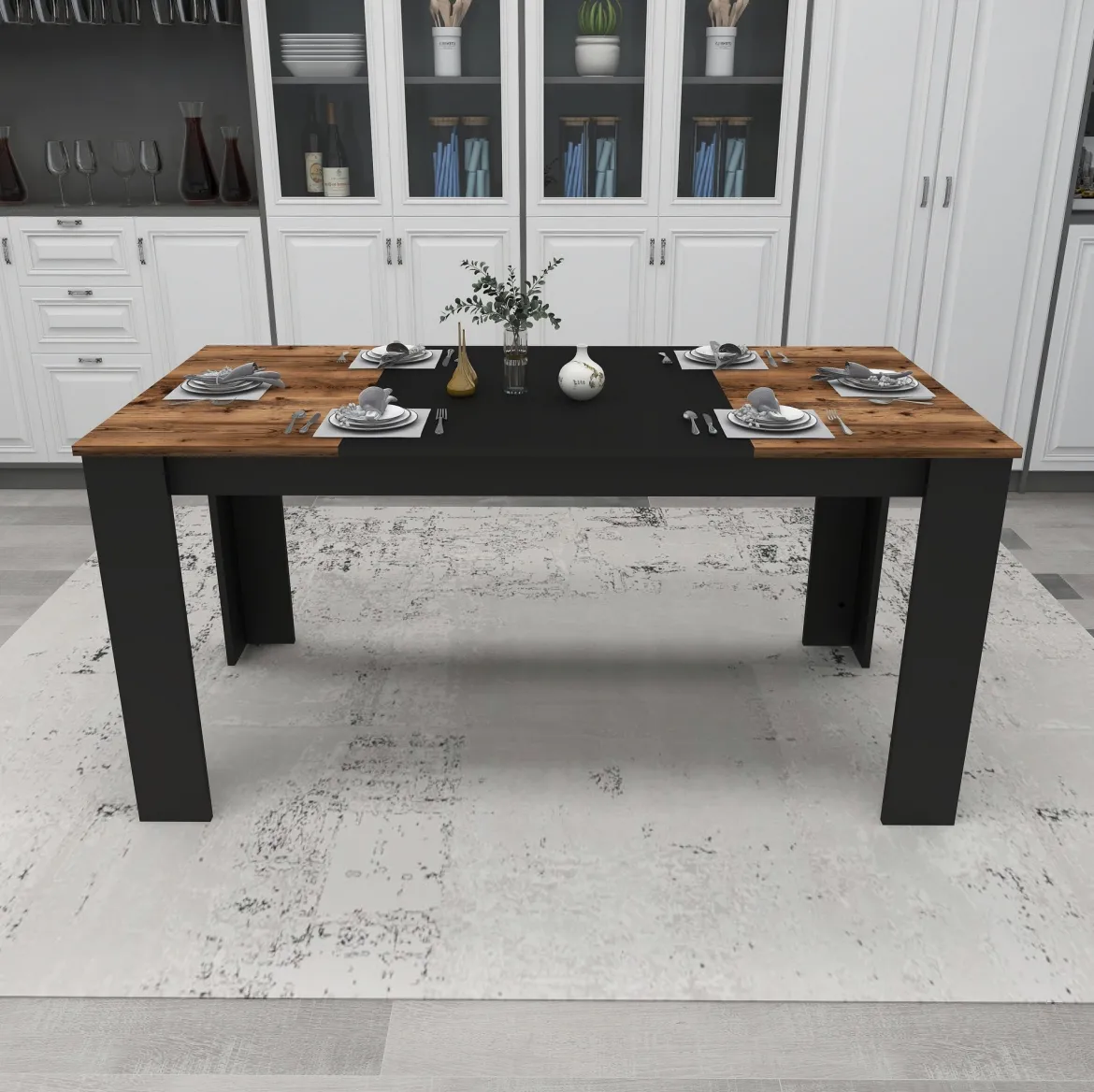 Tavolo Fisso Nero Marrone Rovere Nodi 6 Posti Forma Rettangolare 160x80x77h cm, Peso Supportato 120 kg - Veleso