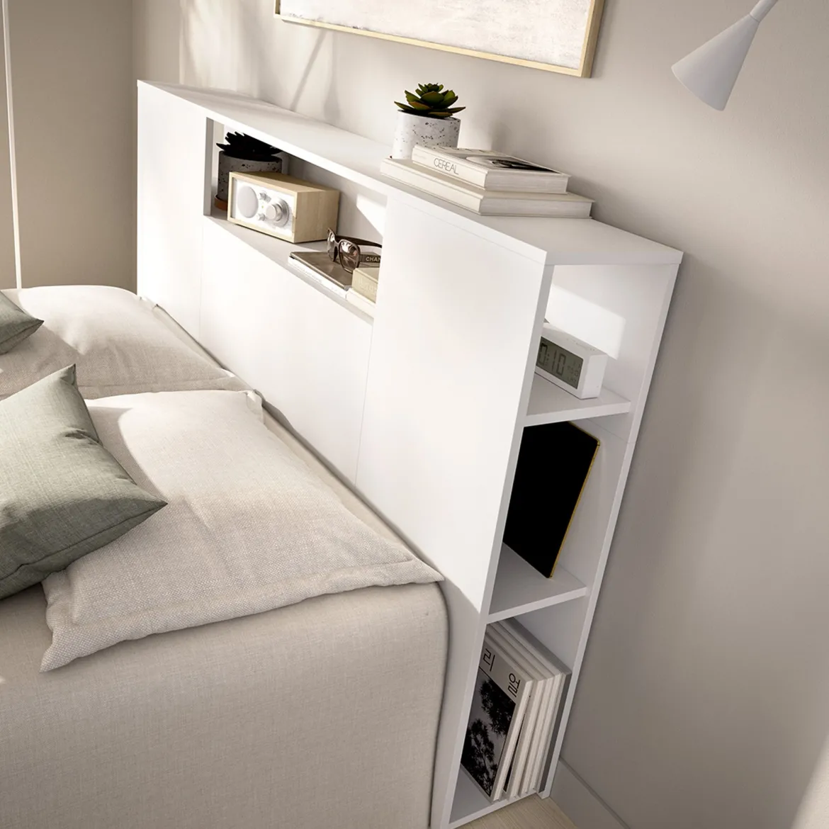 Testiera Letto Bianco Vani Libreria Piazza e Mezza, Matrimoniale 23x157 cm - Bonner