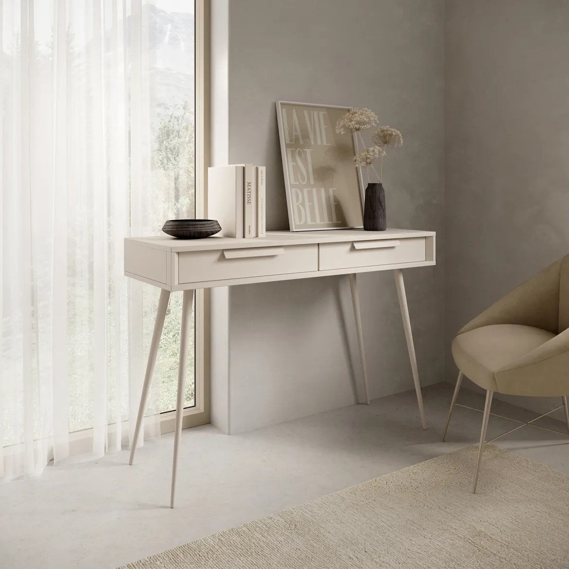 Toeletta Beige Cashmere 2 Cassetti Sfumatura Colore Ripiano Cashmere 187x40x52h cm, Materiale Struttura in Metallo - Katilaka