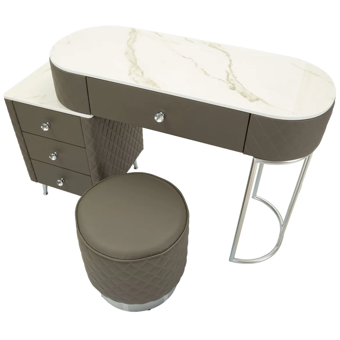 Toeletta Bianco Marmo Grigio Tortora 4 Cassetti Finitura Simil Pelle Trapuntata con Dettagli Argento, top Effetto Marmo 120x40x75h cm, - Tafrao