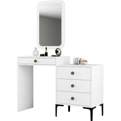 Toeletta Bianco Marrone Noce Specchio Incluso 4 Cassetti 124x40x85h cm, con Piedini - Meltina