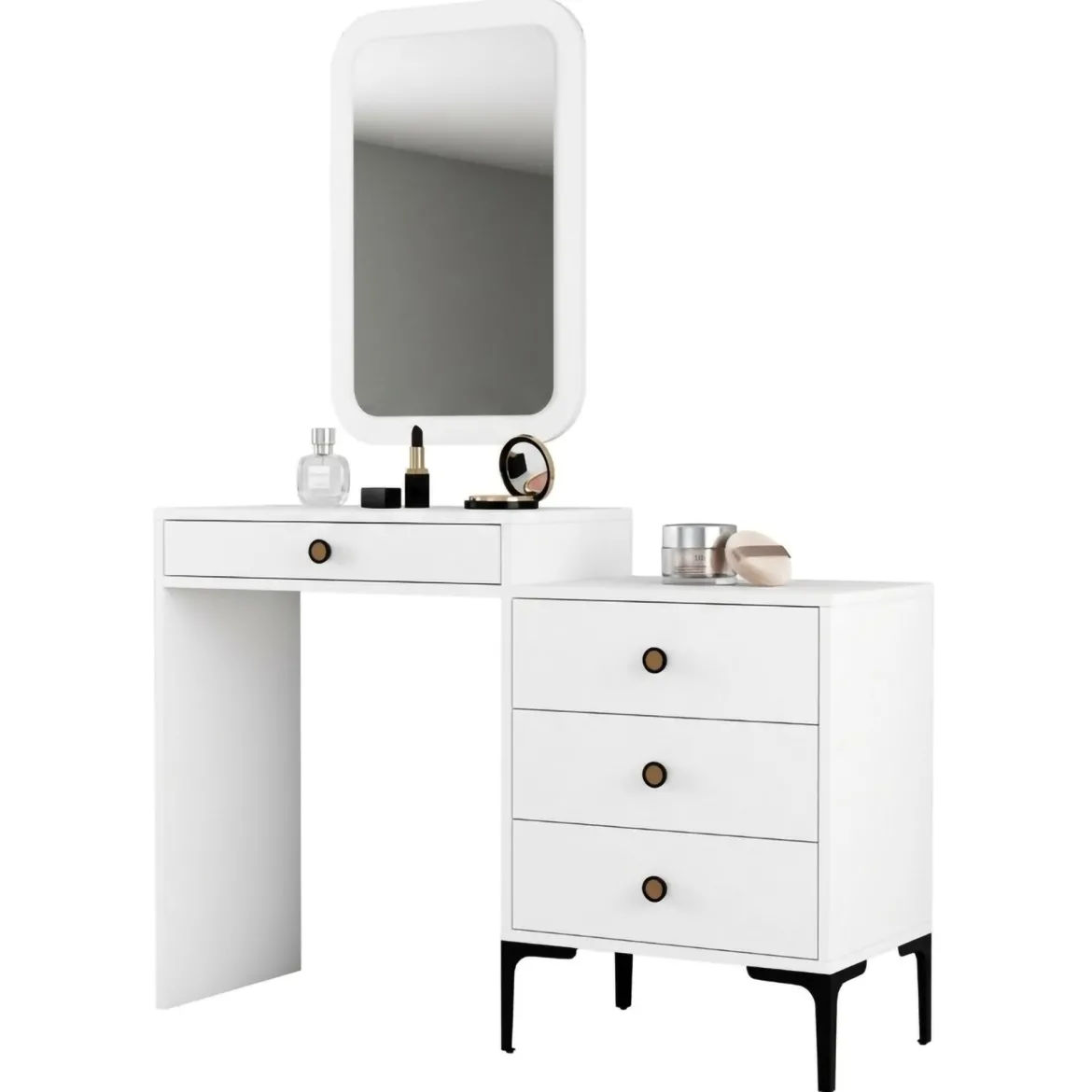 Toeletta Bianco Marrone Noce Specchio Incluso 4 Cassetti 124x40x85h cm, con Piedini - Meltina