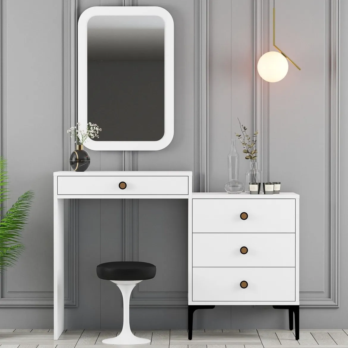 Toeletta Bianco Marrone Noce Specchio Incluso 4 Cassetti 124x40x85h cm, con Piedini - Meltina