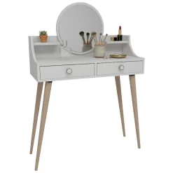 Toeletta Bianco Marrone Rovere Specchio Incluso 2 Cassetti 90x35x131h cm, Colore Struttura Marrone - Isernia