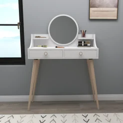 Toeletta Bianco Marrone Rovere Specchio Incluso 2 Cassetti 90x35x131h cm, Colore Struttura Marrone - Isernia