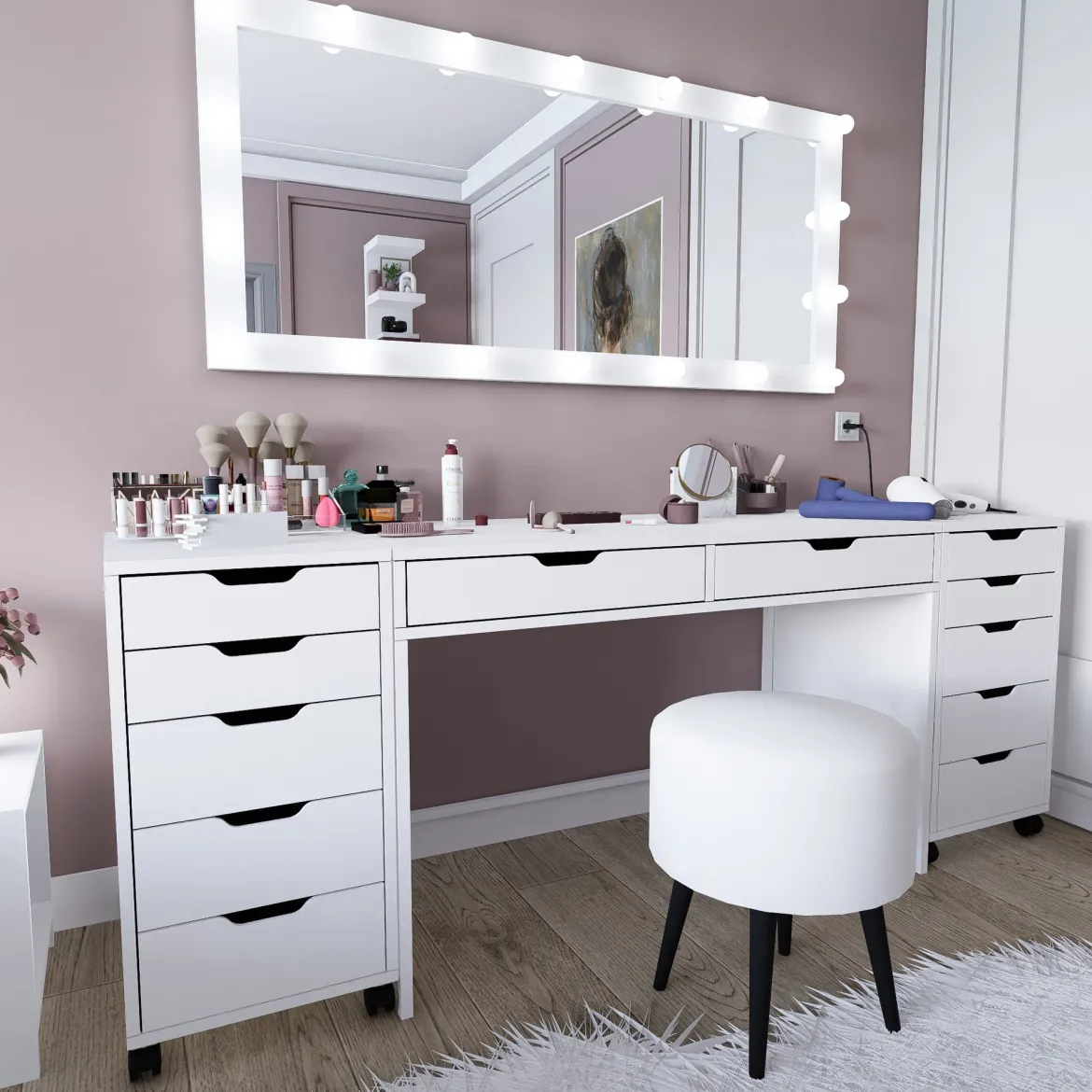 Toeletta Bianco Nero Specchio Incluso 2 Cassetti 103x40x112h cm, Colore Struttura Nero - Longhena