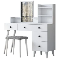 Toeletta Bianco Nero Specchio Incluso 4 Cassetti 125x40x94h cm, con Piedini - Lusia