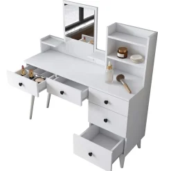 Toeletta Bianco Nero Specchio Incluso 5 Cassetti 125x40x94h cm, Colore Struttura Nero - Certaldo
