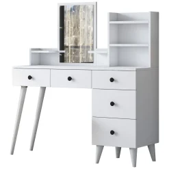 Toeletta Bianco Nero Specchio Incluso 5 Cassetti 125x40x94h cm, Colore Struttura Nero - Certaldo