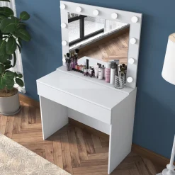 Toeletta Bianco Specchio Incluso un Cassetto 90x45x77h cm, Luci Incluse - Veggiano