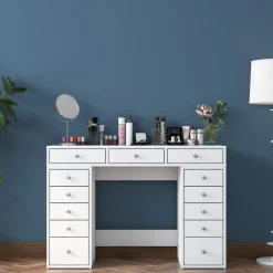 Toeletta Bianco Trasparente Specchio Incluso 13 Cassetti 120x45x82h cm, Colore Struttura Trasparente - Tirolo