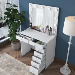 Toeletta Bianco Trasparente Specchio Incluso 7 Cassetti 90x45x153h cm, Luci Incluse - Cocchiara