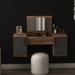 Toeletta Marrone Noce Nero Antracite Specchio Incluso 3 Ante 100x36x74h cm, Colore Ripiano Marrone - Ruviano