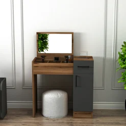 Toeletta Marrone Noce Nero Antracite Specchio Incluso un Cassetto 77x37x109h cm, 2 Ante - Rodano