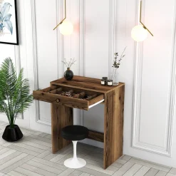 Toeletta Marrone Noce Specchio Incluso un Cassetto 70x85x40h cm, Materiale Piano in Legno Nobilitato - Carde