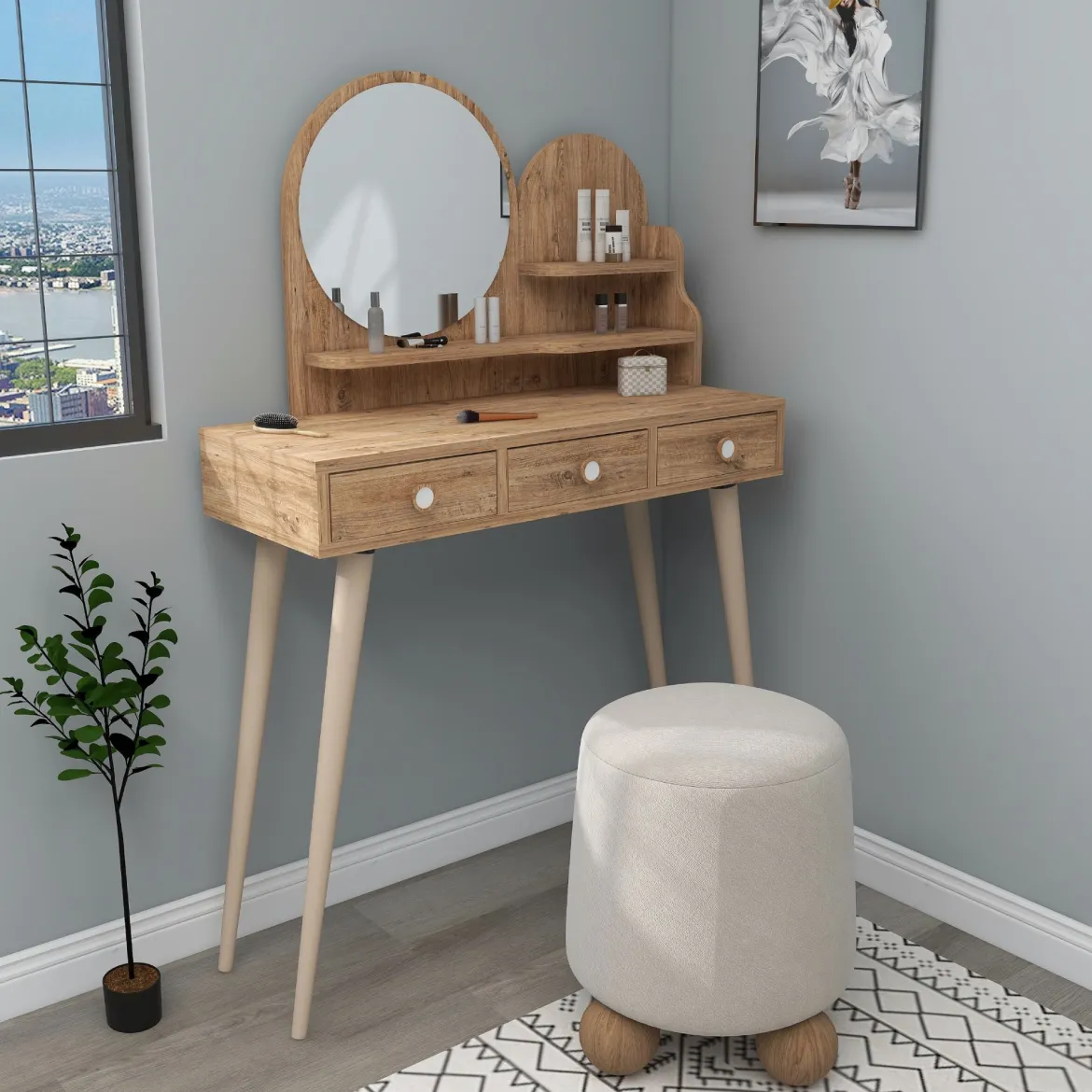 Toeletta Marrone Rovere Marrone Beige Specchio Incluso 3 Cassetti 74x35x131h cm, Colore Ripiano Marrone - Larino