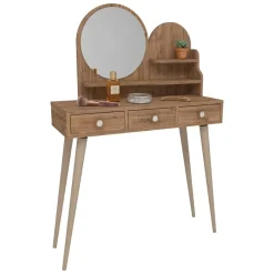Toeletta Marrone Rovere Marrone Beige Specchio Incluso 3 Cassetti 74x35x131h cm, Colore Ripiano Marrone - Larino