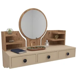 Toeletta Marrone Rovere Nodi Beige Specchio Incluso 3 Cassetti 90x37x75h cm, Colore Struttura Beige - Canistro