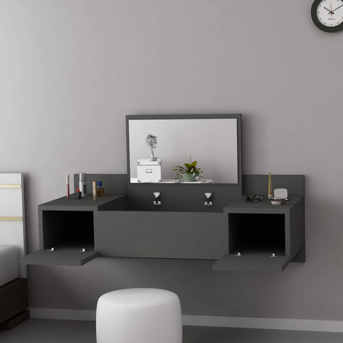 Toeletta Nero Specchio Incluso 3 Ante 100x39x33h cm, Materiale Piano in Legno Nobilitato - Selci