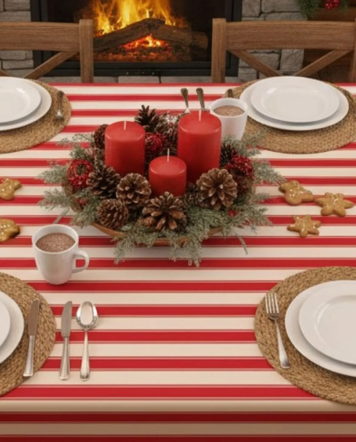 Tovaglia rettangolare no stiro 180x140 cm, beige e rosso scuro - Equilibrista - By Sarah Balivo