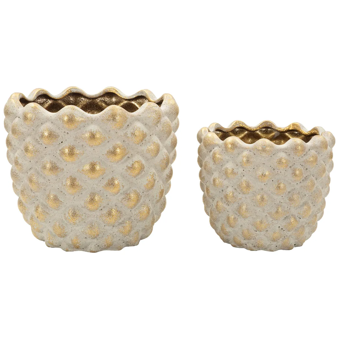 Vaso Beige oro set 2 Vasi, Finitura Geometrica a Rilievo Colore Struttura oro, Diametro Vaso Grande: 14, Vaso Piccolo: 9 cm - Taiping